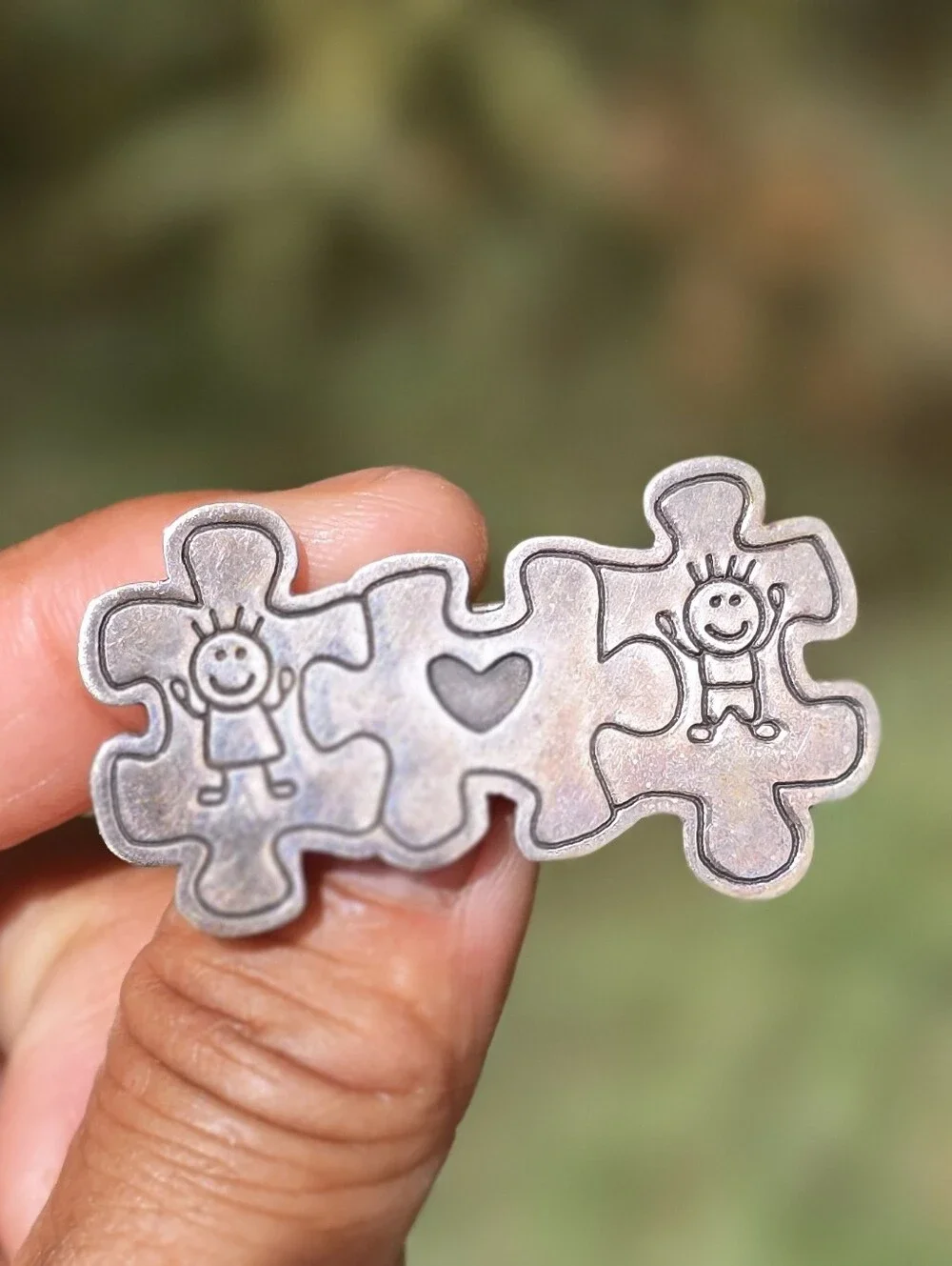 Vintage solid 925 sterling silver Autism awareness children heart puzzle pieces